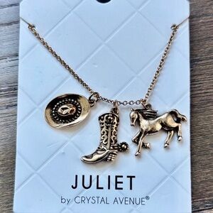 Juliet Goldtone Western Charm, horse, cowgirl boots, cowgirl hat 8” Necklace